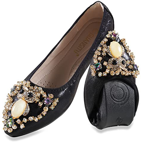 MACHSWON Womens Fold up Pumps Roll up Shoes Foldable Ballet Flats with Sparkly Rhinestone, Portable Ladies Slip On Loafers(Black-3, Size 5.5)