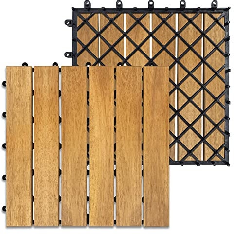 SUBTLETY 3m² Akazienholz Terrassenfliesen 33 Stück Holzfliesen Set 30x30cm Balkonfliesen Klickfliesen mit Drainage Gitter Gartenfliesen Holz Deck Fliesen für Garten Terrasse Balkon Teich (Type A)