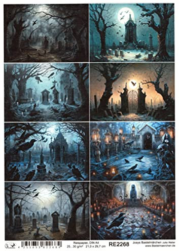 Josys Bastelmärchen Reispapier A4 Strohseide Friedhof Gräber Grusel Gothic Halloween Raben RE2268