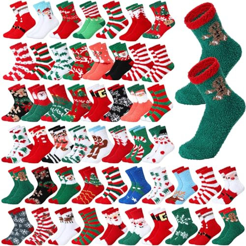 Geyoga 52 Pairs Christmas Fuzzy Socks, Women Girls Fluffy Socks Bulk, Christmas Tree Hanging Ornaments for Xmas Party Gifts, Cute Color, 9-11 (us shoe size 5-9)