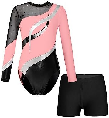 JanJean Kinder Mädchen Gymnastikanzug Glänzend Ballettanzug Langarm Turnanzug Ballett Trikot mit Kurze Hose Wettbewerb Tanzkostüm X Rosa 158-164