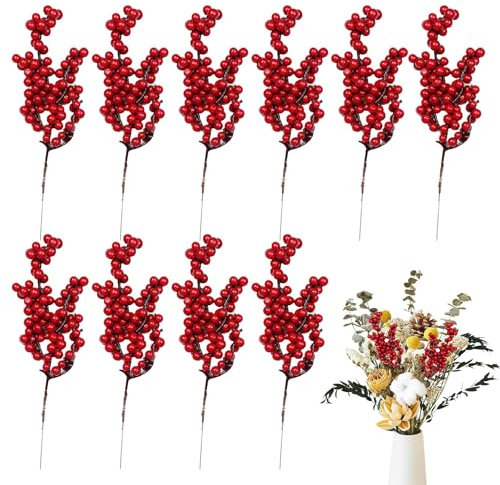 Künstliche Rote Stechpalmen Beeren - Roten Holly Beeren Zweige Weihnachten Deko - Weihnachten Picks Herbstzweige Weihnachtsbeeren Für DIY Christbaumschmuck Weihnachtskranz - Länge 20cm (10 Stück)