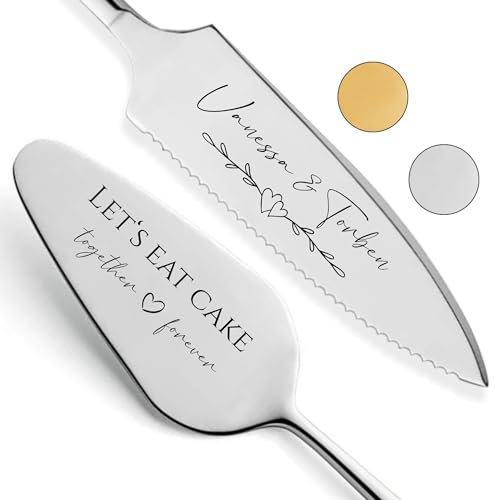 SMARTEON Let's Eat Cake Cake-Server Set mit Tortenmesser und Personalisierter Gravur – Hochzeitsgeschenke für Brautpaar, Geburtstag, Jubiläum, Geschenkidee für Paare – Silberfarbenes Set
