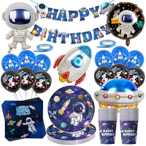 Weltraum Geburtstag Deko Set,79 Stück Weltraum Partygeschirr mit Astronaut Folienballon Partyzubehörset,Weltraum Pappteller Tassen Servietten banner Luftballon Raketen Raumschiff Deko 20 Gäste