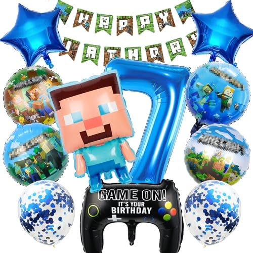 12 Stück Pixe Geburtstagsdeko 7 Jahre Junge, Pixe Ballons Geburtstag Set, Kindergeburtstag Luftballons, Geburtstag Party Deko Ballons Set für Kinder (7)