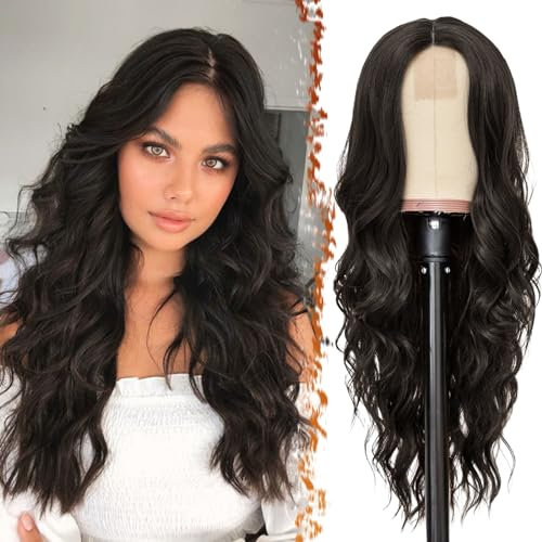 BARSDAR Lange Braun Wellig Perücke, 66cm Mittelscheitel Dunkel Braun Wellig Perücke Natürliche Synthetische Haar Replacement Perücken für Frauen Tägliche Party Cosplay Halloween (Dunkel Braun)