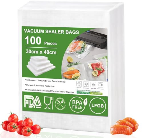 Omtofo 100 Beutel Vakuumierbeutel 30x40cm, Geprägt, BPA-frei, Reißfest, Vakumierergerät Beutel für allen Heim-Vakuumierern, Profi Vakuumbeutel Lebensmittel Sous Vide Gefrierbeutel