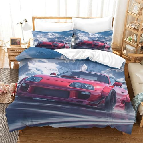 BEDPOCHY Sportwagen Bettbezug-Set 3-teilig Für Jugendliche Und Erwachsene Ultraweiche Mikrofaser Mit Kissenbezüge Superkraftwagen Bettwäsche Set Mit Reißverschluss Single(140x200cm)
