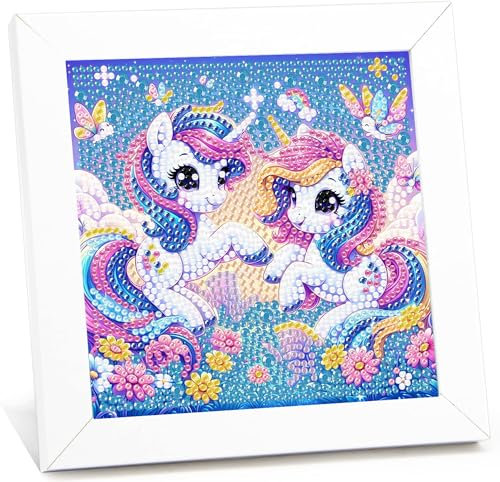 Einhorn Diamond Painting Kinder Mit Rahmen, Diamant Painting Bilder Einhorns, Tiere Diamond Painting Kinder ab 4-6-8 Jahre, Diamant Bilder Arts Craft für Home Wand Decor(17,5x17,5cm)