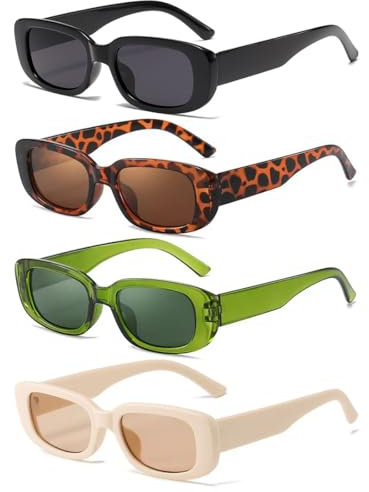 Aurasky 4 Stück Vintage Sonnenbrille Set, Retro Rechteckige Sonnenbrillen, Sunglasses Brille für Damen Herren Mode Accessoires party Strandurlaub A