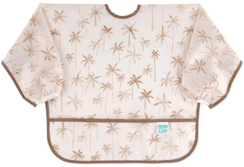 Bumkins Sleeved Bib for Girl or Boy, Baby and Toddler for 6-24 Mos, Essential Must Have for Eating, Feeding, Baby Led Weaning Supplies, Long Sleeve Mess Saving Food Catcher, Soft Fabric, Palm Trees
