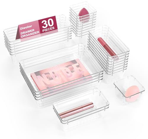 Diwoker 30 Stücke Schubladen Organizer mit 4 Größen, Schminktisch Ordnungssystem aus Klarem Kunststoff, Einsetzbar Make Up Organizer Kommode Aufbewahrungsboxen Trennbox (30 Stück)