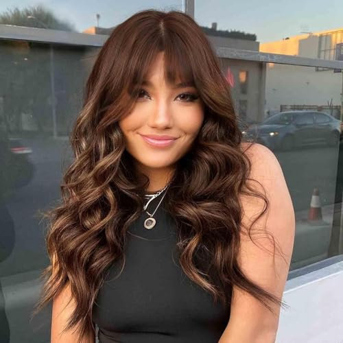 PORSMEER Dunkel Braun Perücke Damen Lange Wellige Haar Perücke mit Pony Natürliche Synthetische Perücke,Anime Cosplay Halloween Wigs 26 Zoll (Ombre Dunkelbraun)