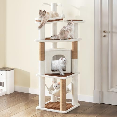 YITAHOME Katzenbaum mit PlüSch-HäNgematte, Katzenturm Für Katzen mit 3 PlüSchbäLlen Ausgewachsene Mit TüRigem Condo-Haus, 6-Stufige Katzenregale mit Sisalseil, GemüTliche LiegefläChe & Höhle,155cm