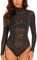 WOWENY Mesh Body Damen Langarm Sexy Bodysuit Rollkragen Elegante Spitzenbody Oberteil Festival Outfit Transparentes Shirt Schwarz Goldener, M