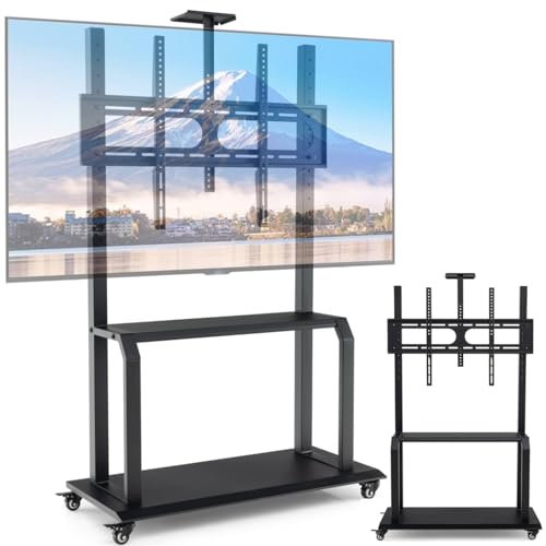 TANGZON Mobile TV Stand on Wheels, Adjustable Rolling Shelf Floor Cart for 32-80 LED LCD OLED Flat & Curved Screen TVs, Media Console TV Trolley with Camera Shelf & AV Shelves Max VESA 900 X 600 mm