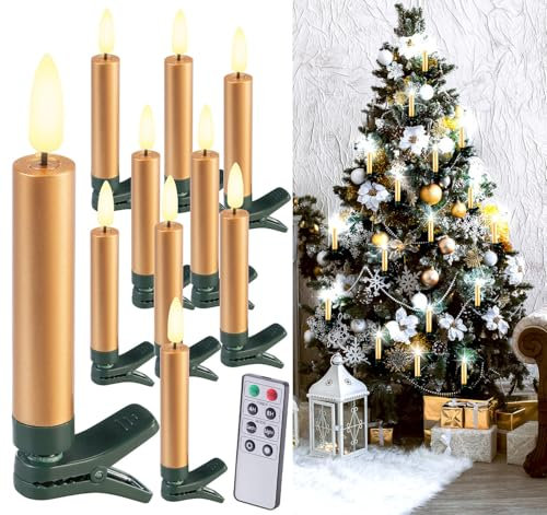 Lunartec Kerze: 10er-Set LED-Weihnachtsbaumkerzen mit Dochten und Flammen-Effekt, Gold (LED-Weihnachtsbaum-Kerze, Weihnachtsbaumbeleuchtung, Flammenlose)