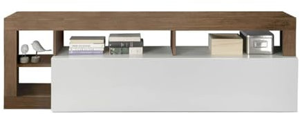 AltoBuy Arturo - Meuble TV 1 Abattant Blanc Laqué Encadrement Niches Aspect Chêne Mercure