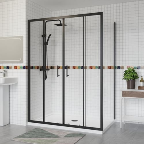 Aquariss Black - 1500x700mm Sliding Shower Enclosure 6mm Easy Clean Glass Bathroom Cubicle Screen Double Doors with Side Panel White Shower Tray & Free Waste
