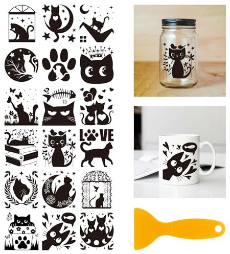 GLOBLELAND 18 Blatt Katzen Blumen UV DTF Tasse Transfer Aufkleber 3.9x3.6 Zoll Mond Stern DTF Transferaufkleber Möbel Großformat Transfers für Glasbecher Keraflott Möbel Glas Holz