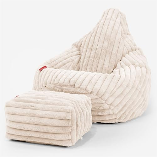 Lounge Pug Pouf Poire Gamer avec Repose-Pieds en Velours Côtelé Ultra Pelucheux - Facilement Transportable, Assise Confortable, Pouf Salon, Adulte, Chambre Ado - Crème
