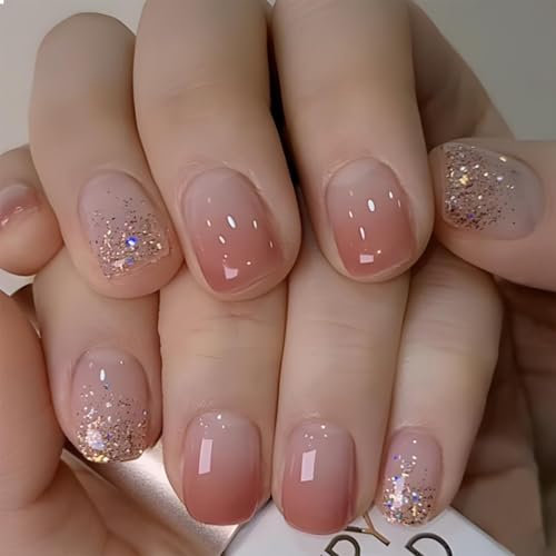 GlamRays 24 STK. Blush Ombré Press-On Nägel Kurze Quadrat - Winter Nagelspitzen Acryl Nagel Set Falsche Nägel Press-ons Sequins Französische Spitze Glänzend Klebe-Nagel Kurz