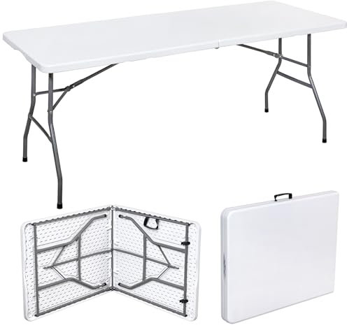 Rectangle Folding Trestle Table Outdoor Picnic Folding Portable Camping Tables for Parties, Garden, BBQ, Beach, Indoor & Outdoor Use, Party Catering Wedding Easy Assembly 6ft 180x70x74cm White