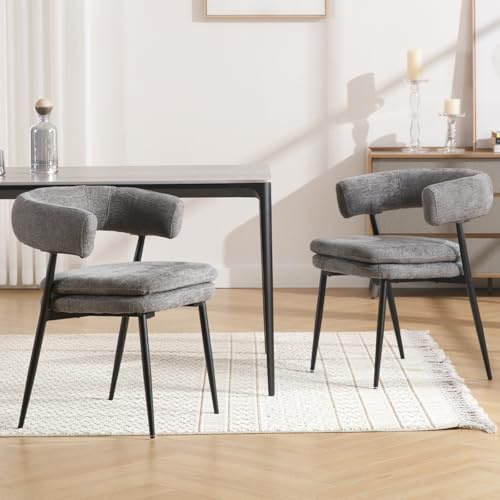 Ya-Home Esszimmerstühle 2er Set, Küchenstühle mit Armlehnen, Grau | Polsterstuhl mit Metallgestell, Armlehnstuhl aus Chenille, Akzentstühle Essstühle Wohnzimmerstuhl für Wohnzimmer & Küche