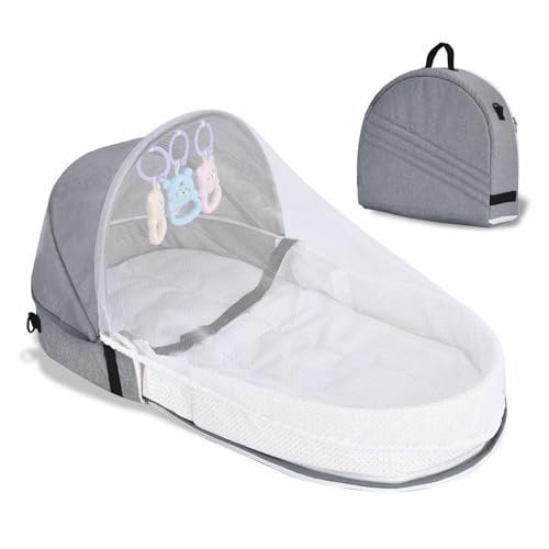 Lit de Voyage Portable pour Bébé, Berceau de Voyage Pliable Avec Moustiquaire, Auvent et Jouets, Lit de Voyage Bébé, Lit Bébé Pliable de Voyage, Lit Bébé Pliable pour Nouveau-Né de 0 à 10 Mois, Gris