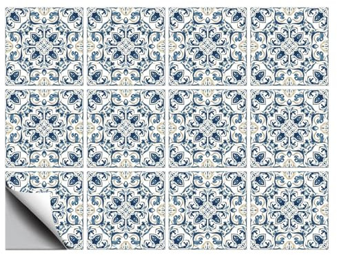 CHGCRAFT 12 pegatinas de azulejo con patrón retro azul vintage, pegatinas de azulejos de pared impermeables autoadhesivas para cocina, baño, decoración de pared, 2 x 20 cm