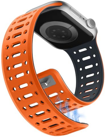 Sixmoat Magnetarmband kompatibel mit Apple Watch Armband 42mm(Serie10/11) 41mm 40mm 38mm für Männer Frauen,Atmungsaktives Silikon Sportarmband für iWatch Serie 11 10 9 8 7 6 5-1 SE,Orange-Mitternacht