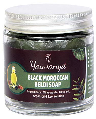 Yauvanya Schwarze Marokkanische Beldi-Seife, 100 g, Traditionelle Hammam-Seife mit Oliven- und Arganöl