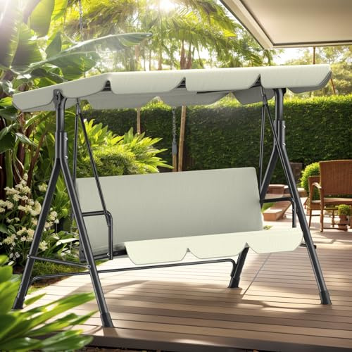Hollywoodschaukel 3-Sitzer Gartenschaukel mit Verstellbarem Sonnendach, Sitzpolster & Stahlgestell, 175x110x152cm, Schaukelbank für Garten & Terrasse, Bis 200 kg Belastbar, Outdoor Geeignet, Elfenbein