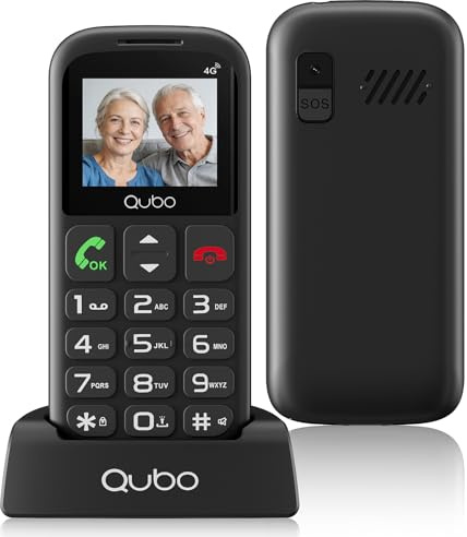 Qubo 4G Cellulare per Anziani 4G | Tasto SOS e Caricabatterie | Grandi Tasti e Schermo 1,77 | Torcia | Dual SIM | Compatibile con Tutte le Reti | Telefono Semplice