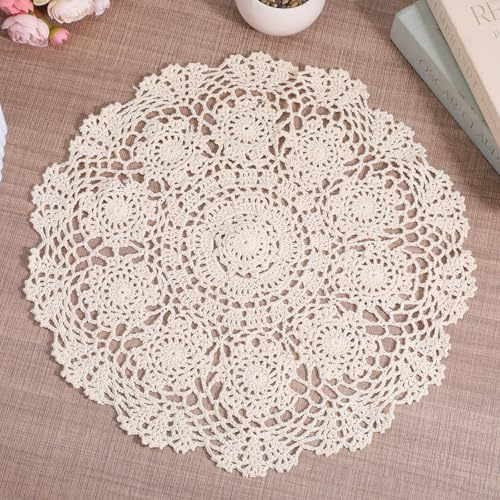 40cm Handmade Crochet Doily, Vintage Lace Table Mat for Boho Decor Beige | cotton lace doily. Ideal for farmhouse dining table, wedding, party, and home decor. Great gift idea