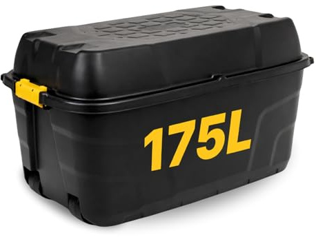 NOVECRAFTO 175L Storage Box on Wheels, Lid, 2 Pack, Padlockable, Black | Heavy-duty, clip-lock handles, weather-resistant, 4 corner padlock holes, padlock not included, carry handles, stackable