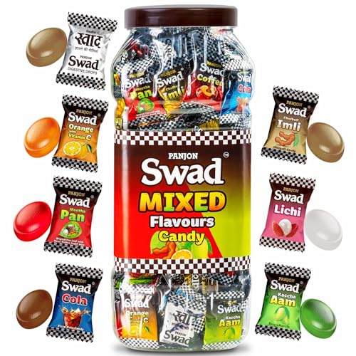 Swad Mixed Assorted Candy Jar (Kaccha Mango, Imli, Coffee, Cola, Pan, Orange) 100% Vegan & Gluten Free, Digestive & Tasty Masala Toffee | Indian Sweets, Orange, 200 Count (Pack of 1)