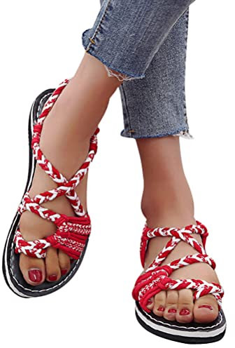 ORANDESIGNE Damen Geflochtene Sandalen Sommer Gladiator Schuhe Casual Flachen Flip Flops Strand Zehentrenner Sandalen Weinrot EU 39