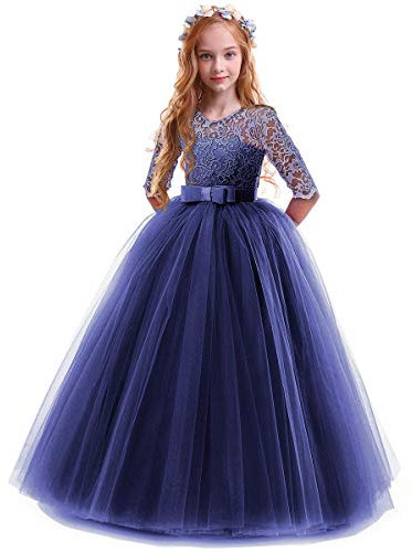 IWEMEK Flower Girls 3/4 Sleeve Floral Lace Tulle First Communion Pageant Dresses Kids Big Girls Princess Birthday Carnival Christmas Bridesmaid Wedding Party Prom Ball Gown Navy Blue 11-12 Years