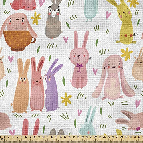 ABAKUHAUS Hase Stoff als Meterware, Bunte Kaninchen-rosa Herzen, Microfaser Stoff für Dekoratives Basteln, 1M (230x100cm), Weiß Rosa