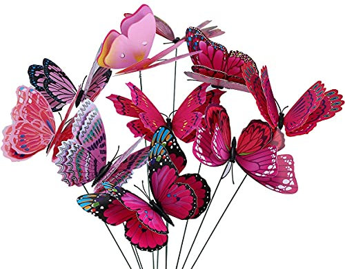 10 Piezas Mariposas en Varillas para Decoración de Jardín, Mariposas de Jardín para Decoración de Planta,Patio, Flores Adornos para jarrón, Maceta,Morado/Rosa Mariposas