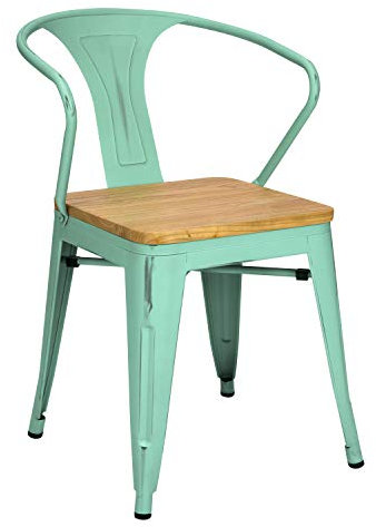 Vaukura Silla Oliix con Brazos - Silla Industrial Metálica Vintage Asiento de Madera (Verde Menta)