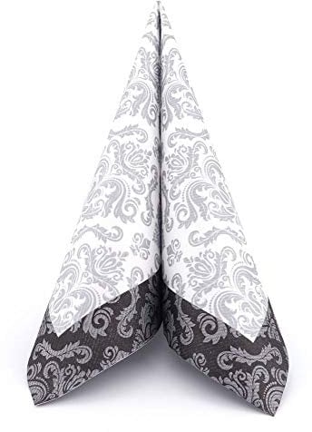 APARTina 50 Servietten Ornament Barock Silber stoffähnlich Airlaid, hochwertige stoffähnliche Servietten Einwegservietten schwarze Trauerservietten Weiß Silber (Schwarz, 40 x 40 cm)