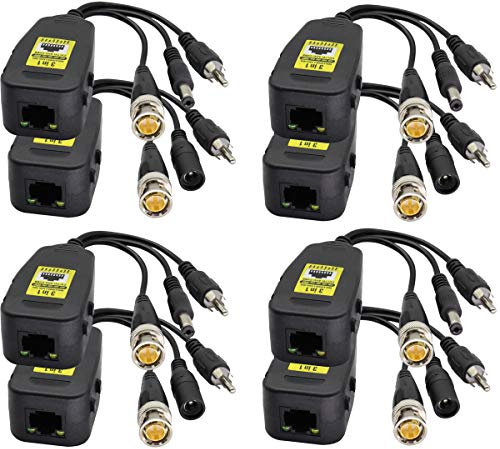 AAOTOKK Transceptor Red Pasivo Video/Audio Balun RJ45 a BNC HD-CVI/TVI/AHD/CVBS con Conector CC para 720-1080P 3MP 4MP 5MP 8MP Full HD CCTV Seguridad DVR Sistema Cámara Vigilancia(19 cm/4Pares)