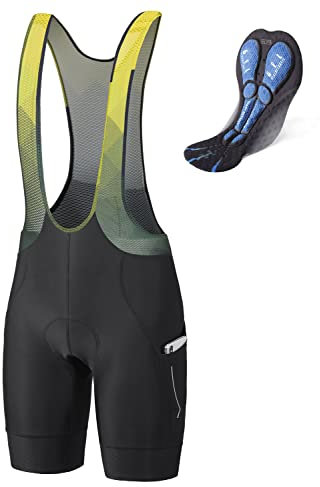 BALEAF Salopette da ciclismo da uomo con imbottitura 4D, per bici da strada, pantaloncini da bicicletta, tasche in gel, UPF50+, B-nero/giallo, S