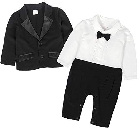 AmzBarley Baby Boys' Suits & Blazers Boy Clothes Christening Wedding Outfit Long Sleeve Tuxedo Waistcoat Clothing Sets Blazer Dress Suit 12-18 Months Black 90