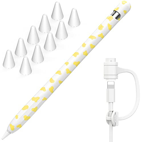 NIUTRENDZ Cow Print Case for Apple Pencil 1st Generation Case Cover Silicone Protective Sleeve Accessories with Apple Pencil Tips Cover & Cable Adapter Tether (Yellow)