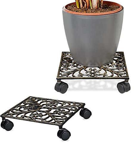 2 x Pflanzenroller Gusseisen, quadratisch, 27,5 x 27,5 cm, Blumentopfuntersetzer, 4 Rollen, stabil, Blumenroller, Bronze