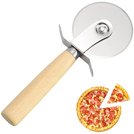 Pizzaschneider Pizzaroller Pizza Cutter Pizzaroller aus hochwertigem Pizzamesser mit Fingerschutz und Holz Griff für Angenehme Handhabung