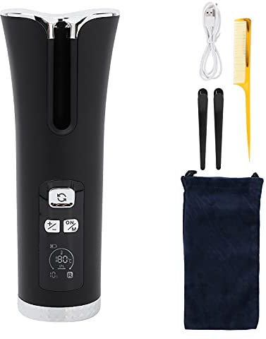 Kabelloser Auto-Lockenwickler, tragbarer USB-wiederaufladbarer rotierender Keramikfass-Haar-Lockenwickler, schnelles Aufheizen, schwarzer wiederaufladbarer intelligenter Lockenstab für Haarstyling